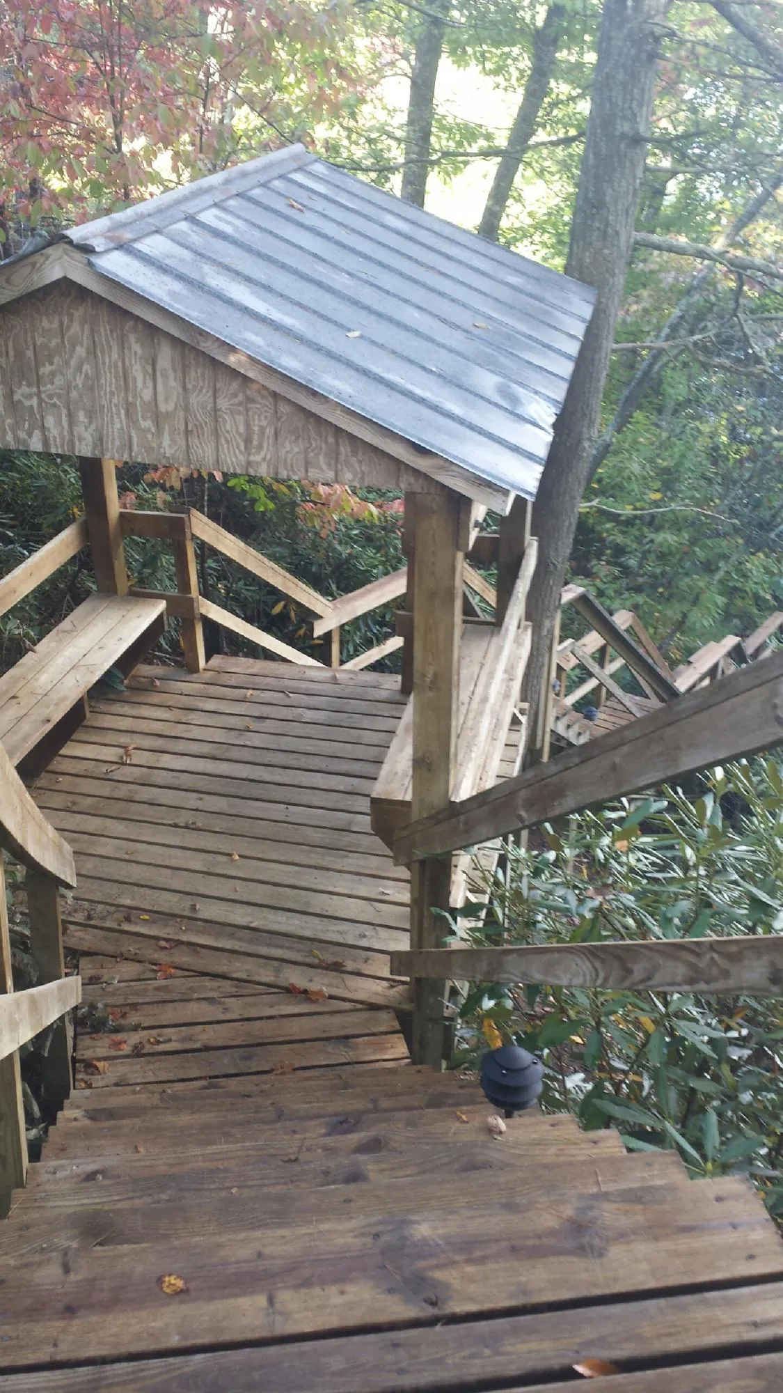 Metal roofed shelter over wooden steps on a wooded walkway — Skylight Repair & Installation work by our crew in Berea